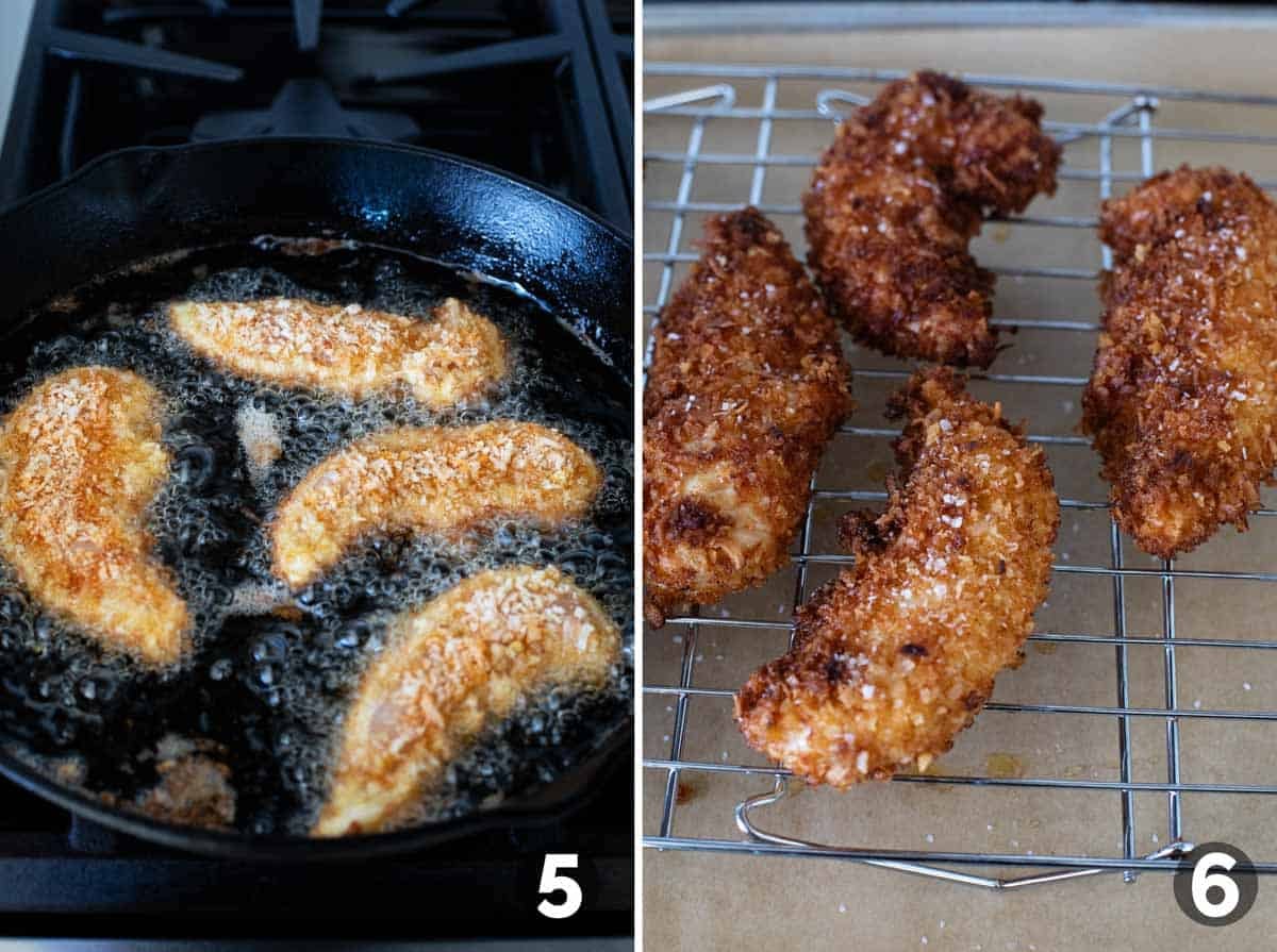 Frying coconut chicken tenders in a cast iron pan and sprinkling chicken with kosher salt.