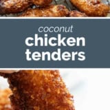 Coconut Chicken Tenders collage with text bar in the middle.