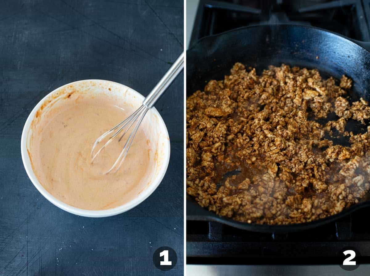 Making chipotle dipping sauce and cooking chicken with spices.