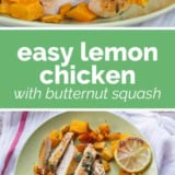 Easy Lemon Chicken with Butternut Squash collage with text bar in the middle.