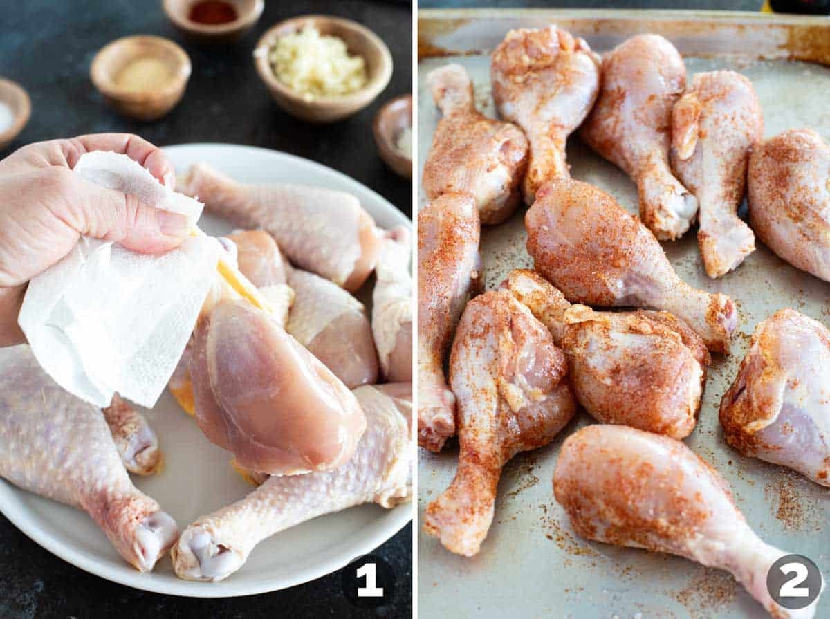 Removing skin from chicken drumsticks and adding spices.