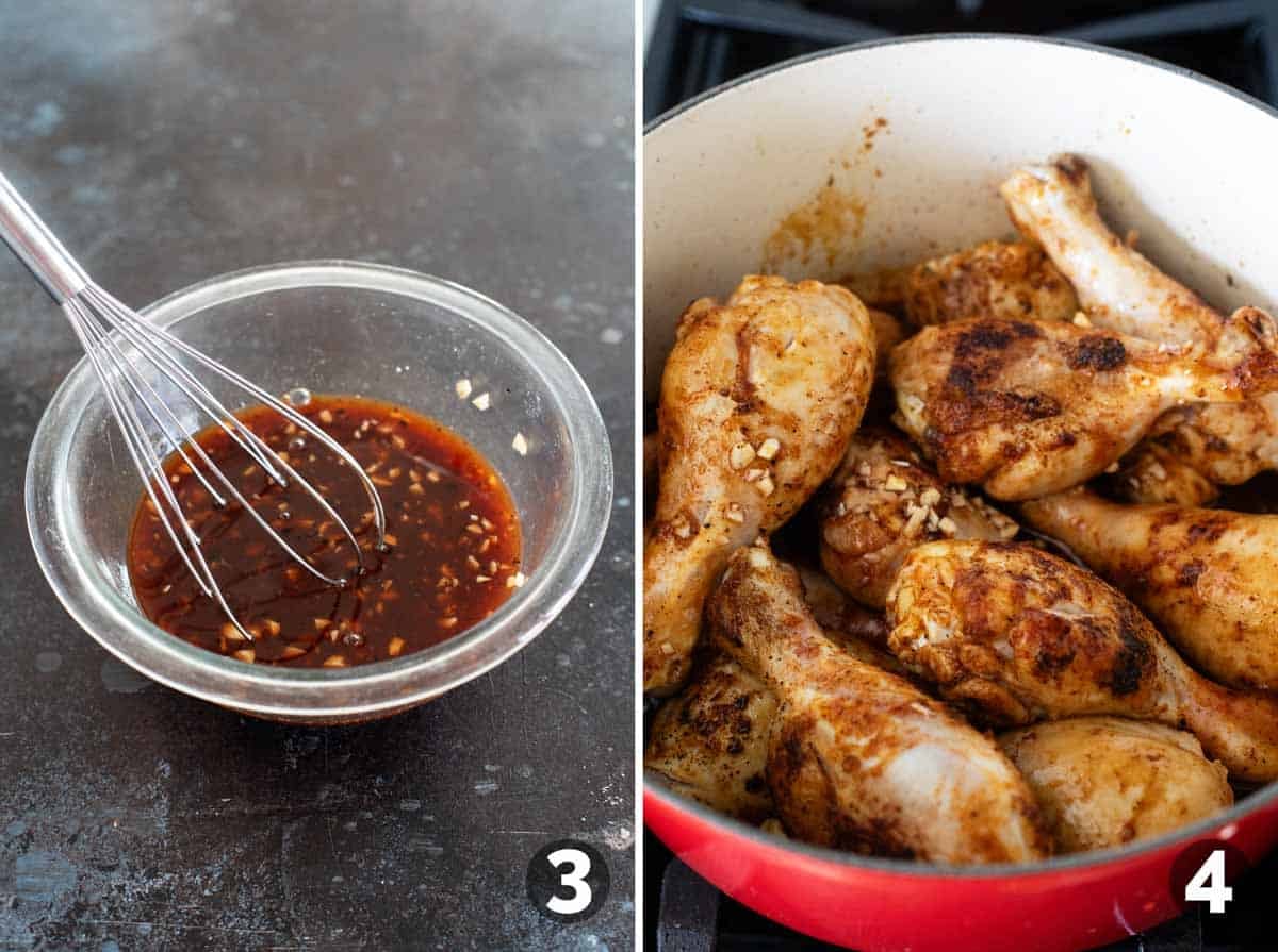 Making sauce for Honey Balsamic Chicken Drumsticks and adding to browned chicken.