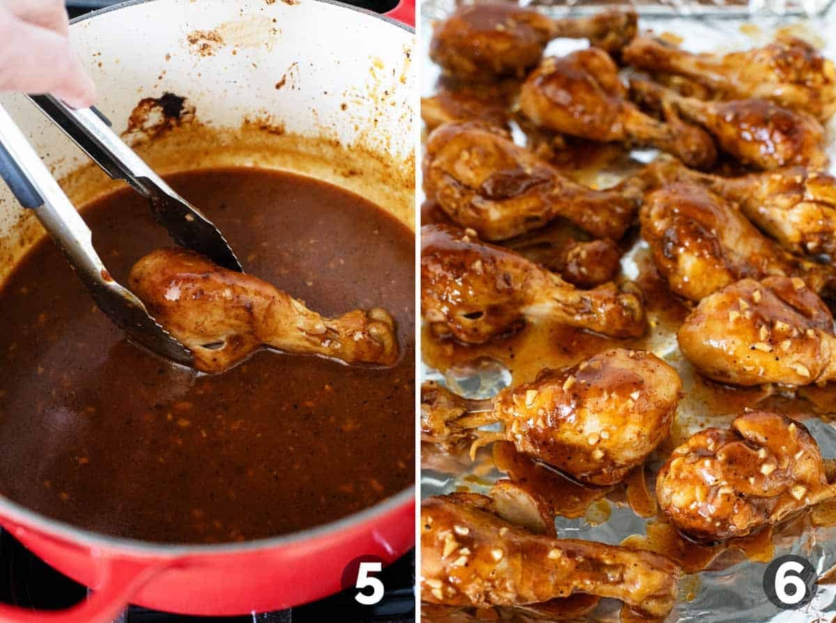 Dipping Honey Balsamic Chicken Drumsticks in sauce and broiling.