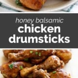 Honey Balsamic Chicken Drumsticks collage with text bar in the middle.