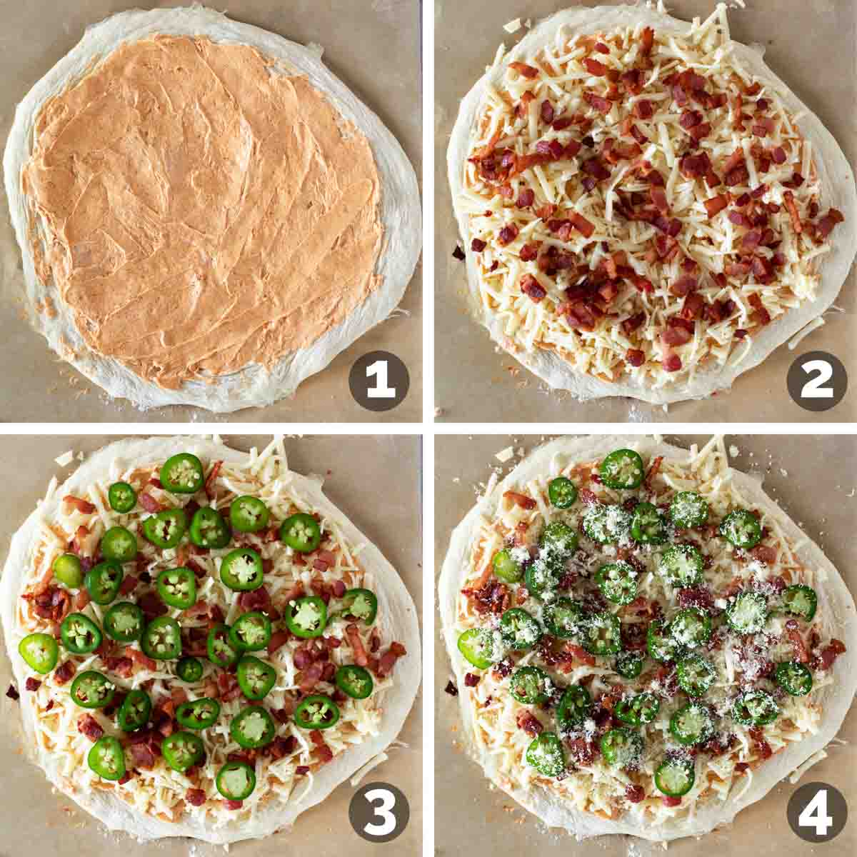 Steps to assemble a Jalapeño Popper Pizza.