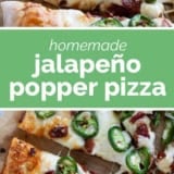 Jalapeño Popper Pizza collage with text bar in the middle.