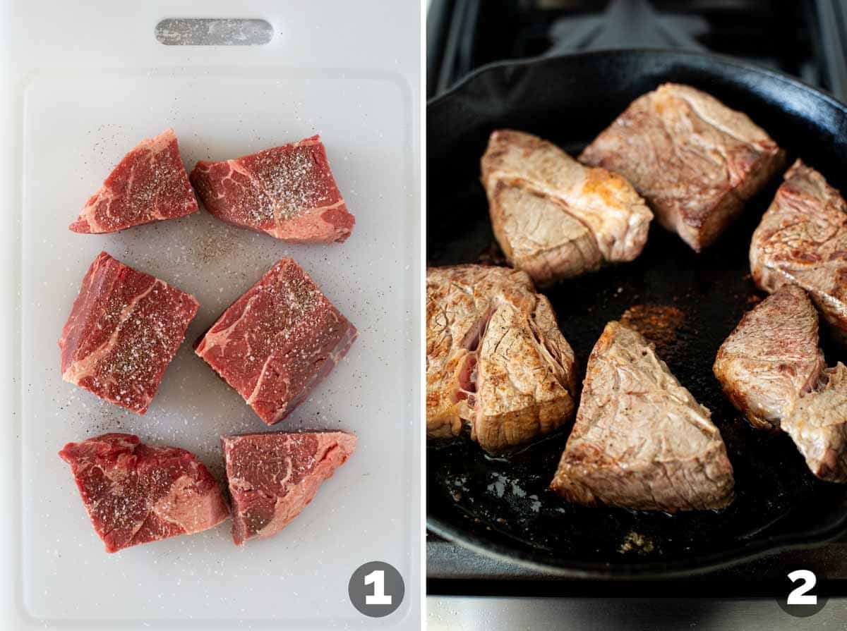 Cutting chuck roast into pieces and seasoning, then browning in a cast iron pan.