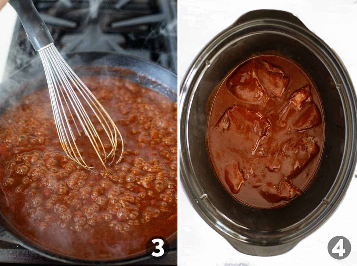 Making sauce for slow cooker Chile Colorado Burritos and adding sauce to meat in a slow cooker.