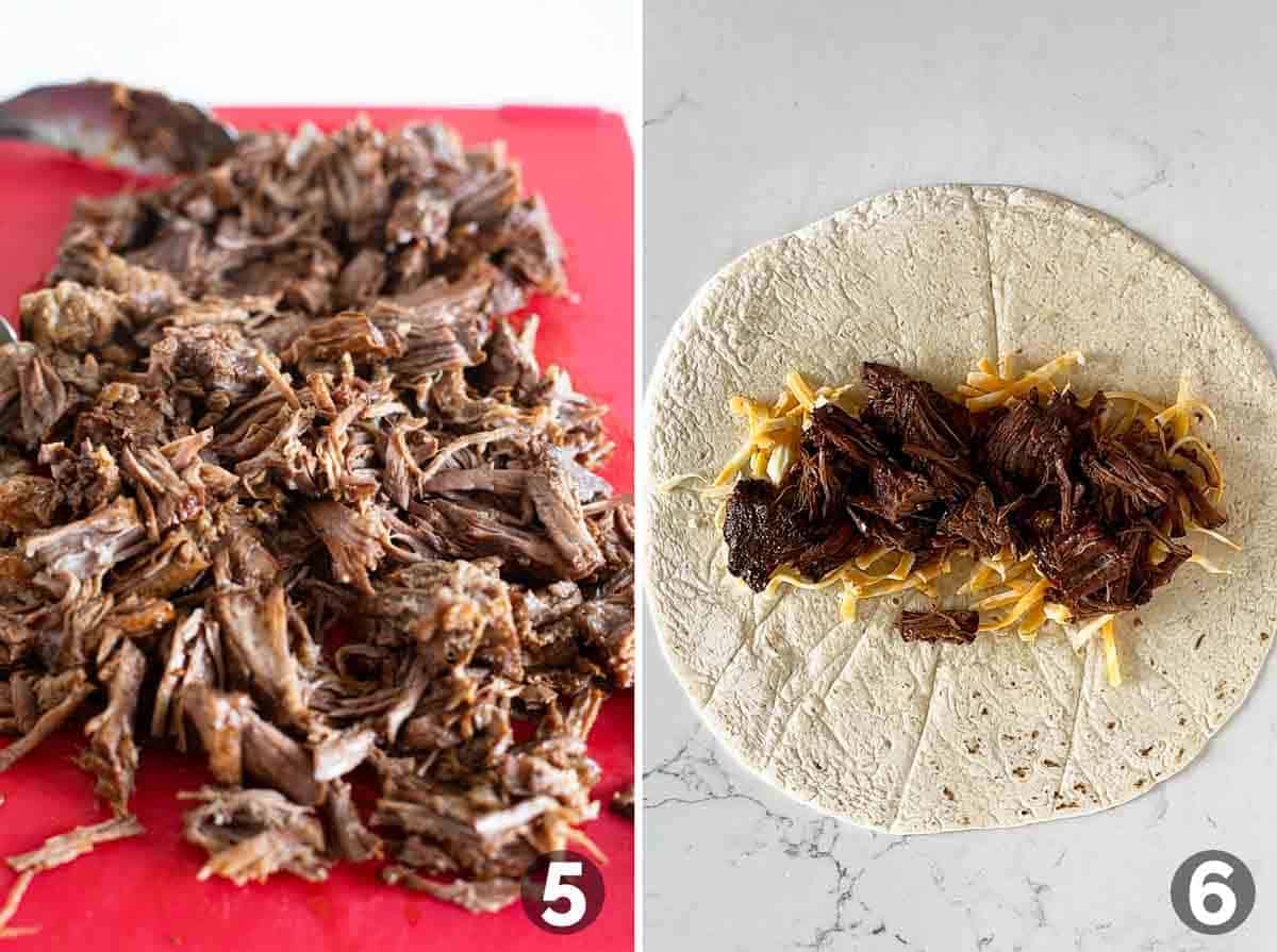 Shredded beef for Chile Colorado Burritos, and assembling burrito with cheese and meat.