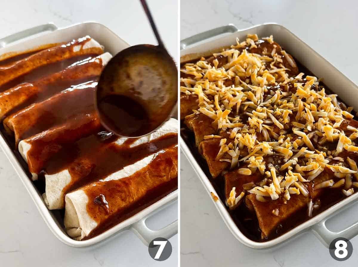 Adding sauce and cheese to the top of burritos.