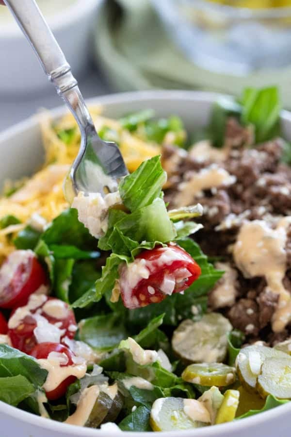 Fork filled with Big Mac salad.