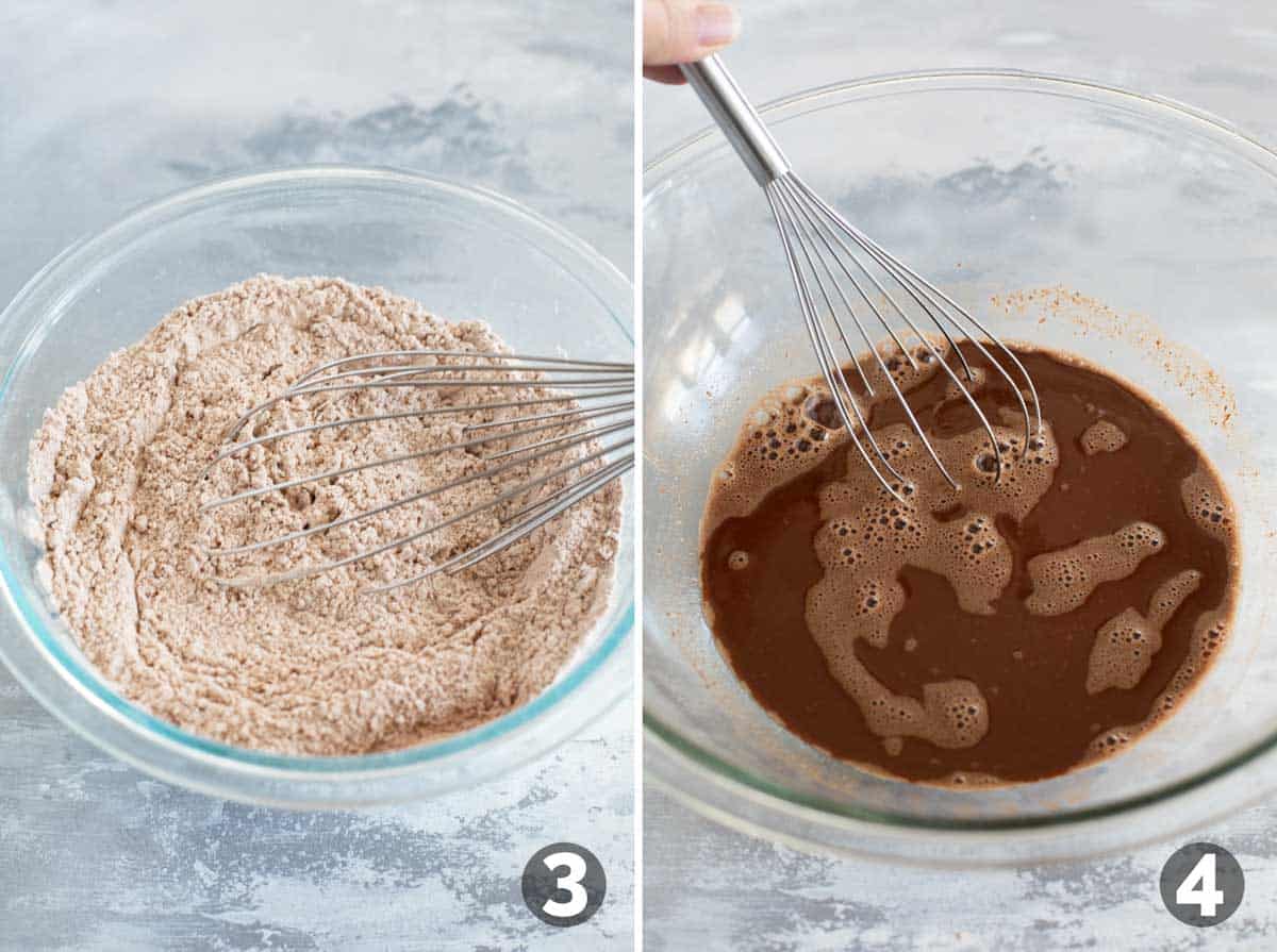 Mixing dry ingredients for German Chocolate Cake and melting chocolate in hot water.