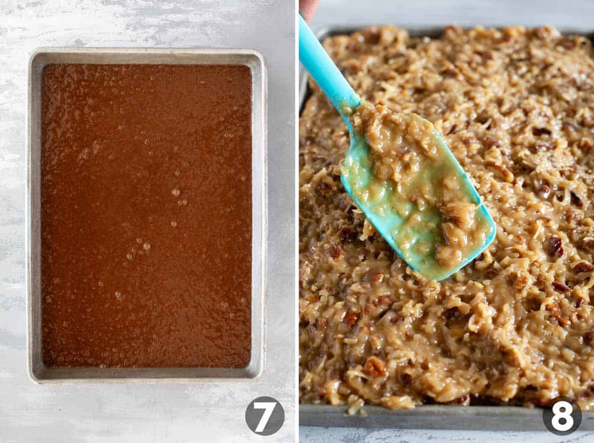 German chocolate cake batter in a cake pan, and adding coconut pecan frosting to the top of the cake.