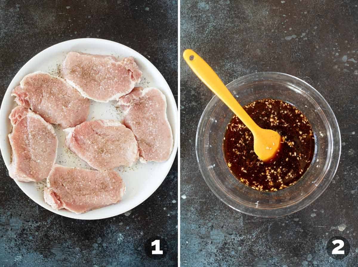 Seasoning pork chops, and mixing ingredients for glaze.