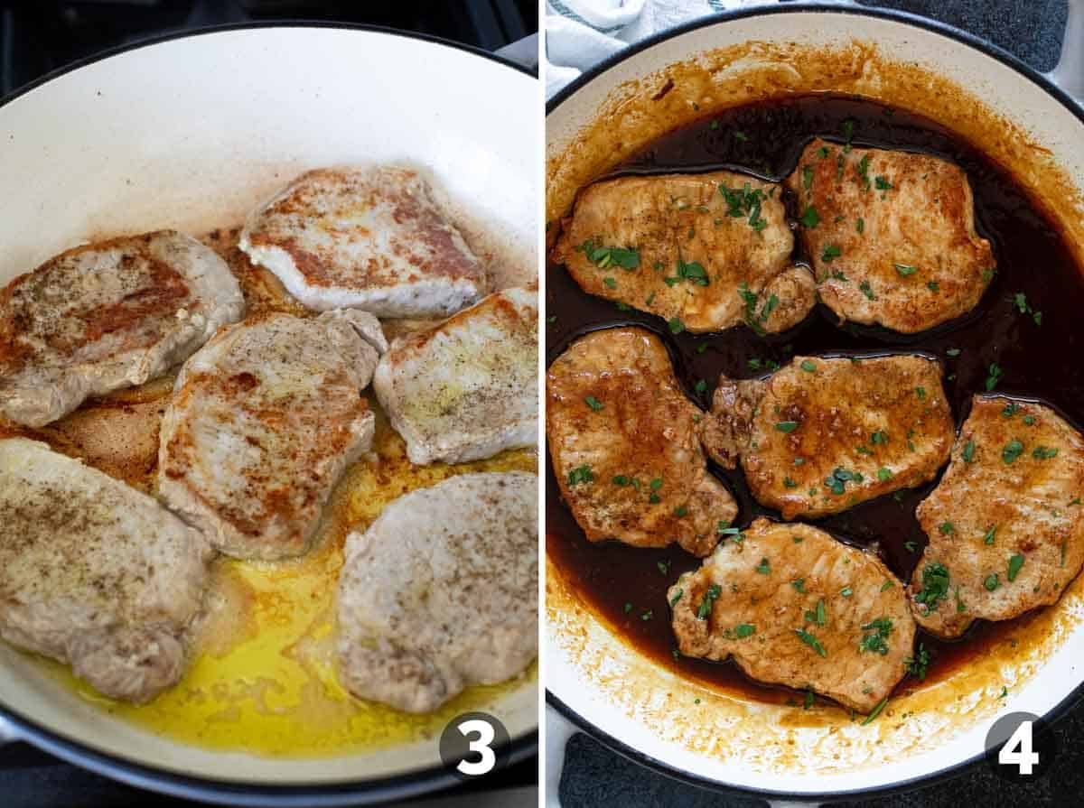 Cooking pork chops in a skillet, then adding a glaze.