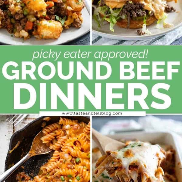 Collage of 4 ground beef dinner with a text bar in the middle.