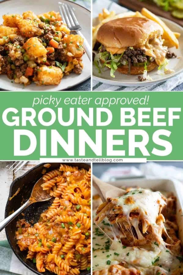 Collage of 4 ground beef dinner with a text bar in the middle.