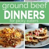 Collage of ground beef dinner ideas with a text bar in the middle.