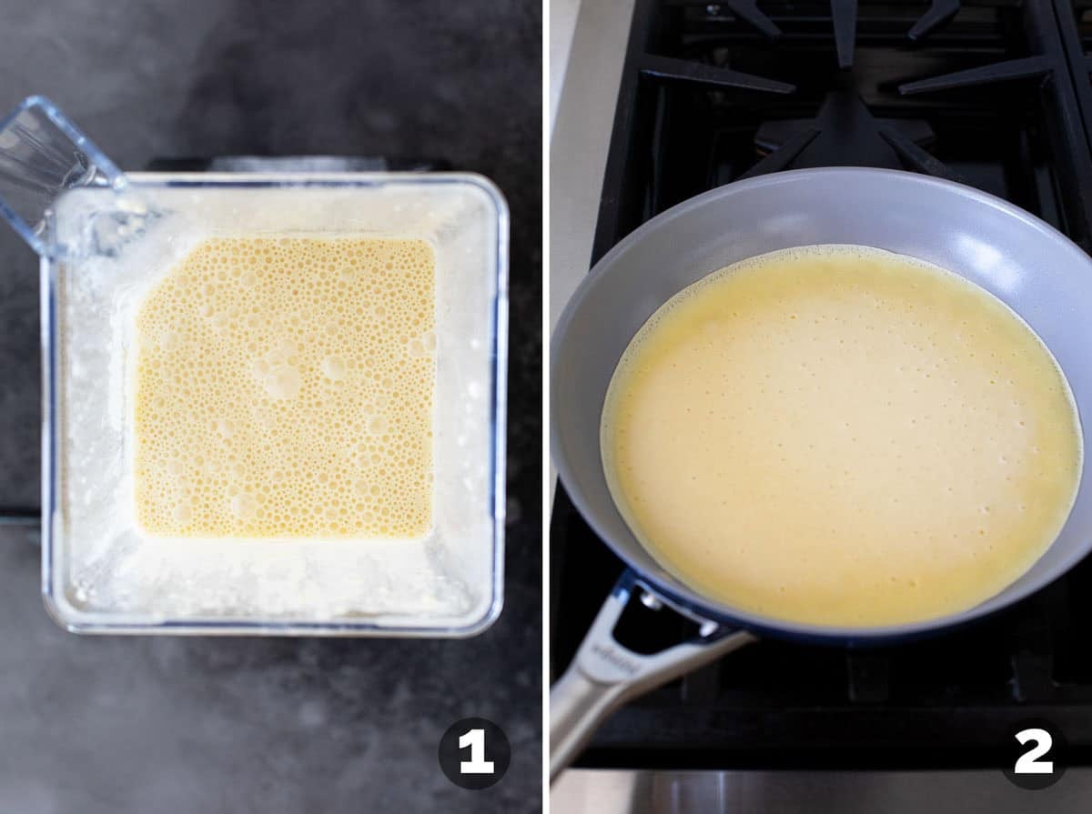 Making crepes in a blender and skillet.