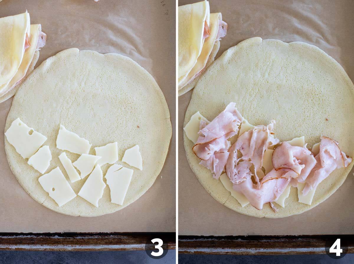 Layering crepes with cheese and turkey.