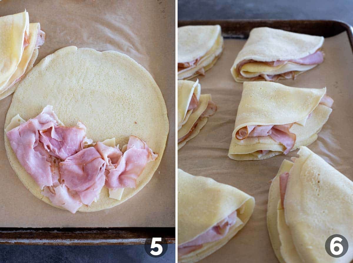 Adding ham to Monte Cristo Crepes and folding into triangles.