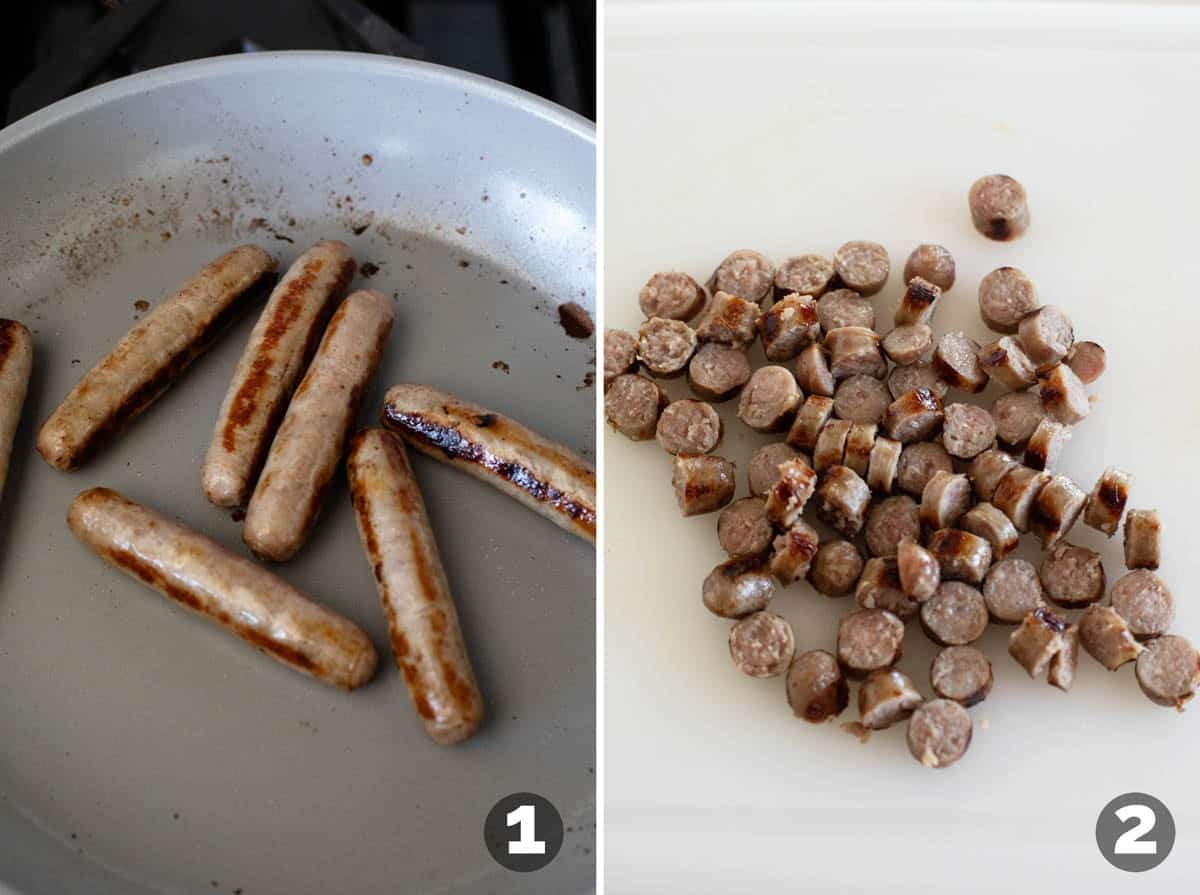 Cooking sausage links and cutting into pieces.
