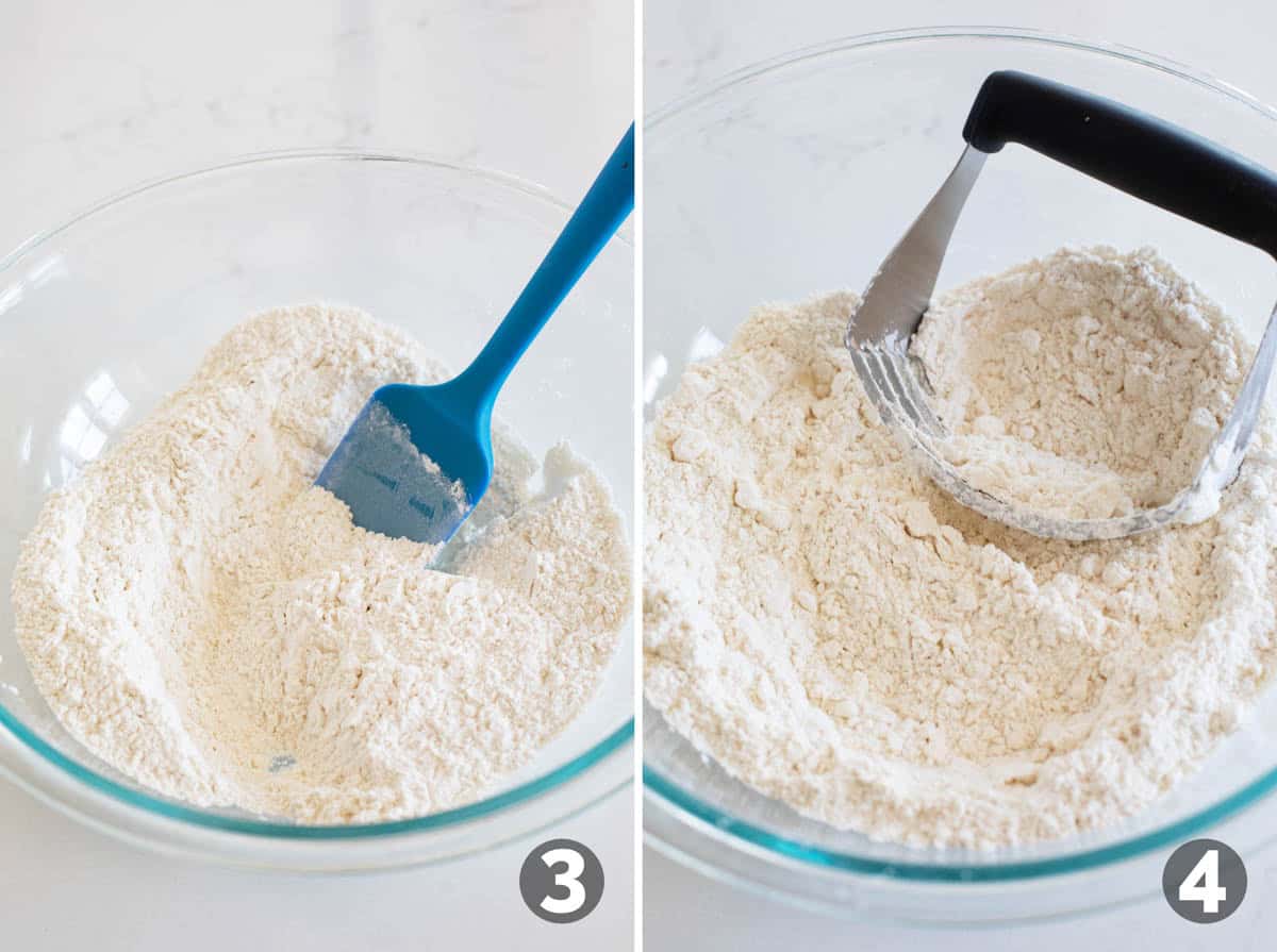 Mixing dry ingredients and cutting butter into flour for biscuits.