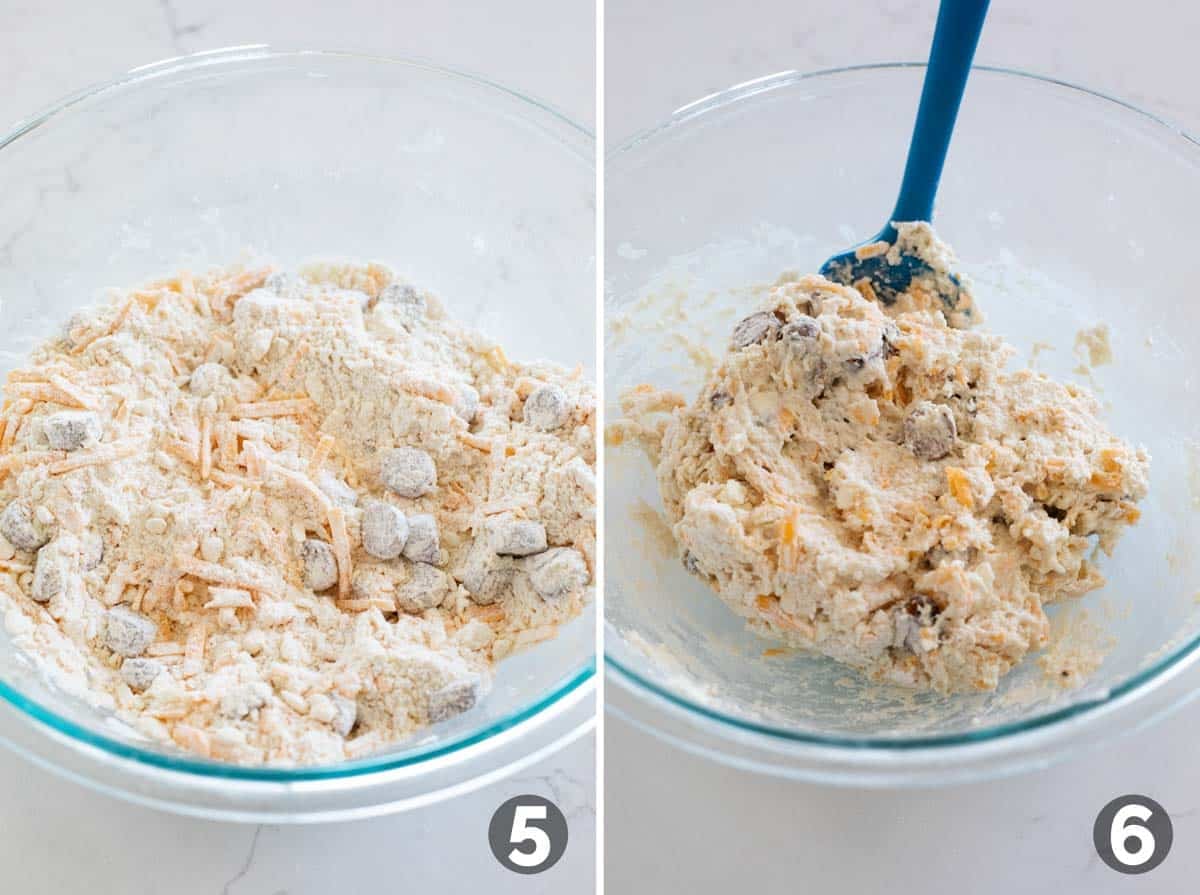 Adding sausage and cheese to dry ingredients and mixing in wet ingredients.