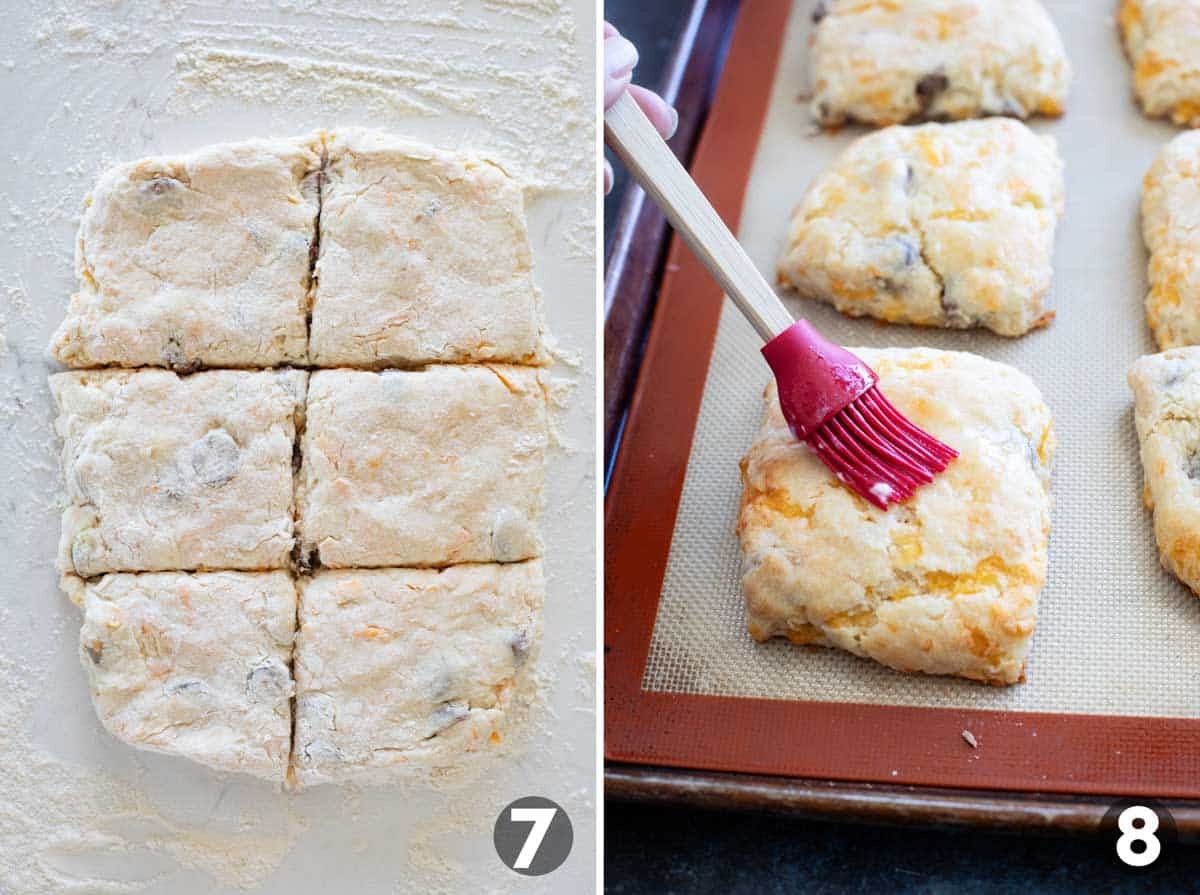 Cutting sausage and cheese biscuits and brushing butter on baked biscuits.