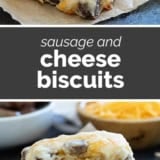 Sausage and Cheese Biscuits collage with text bar in the middle.