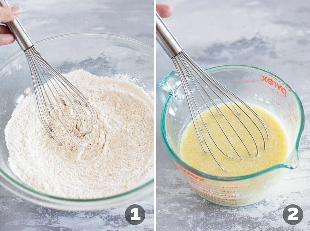 Mixing dry ingredients and mixing wet ingredients for waffles.