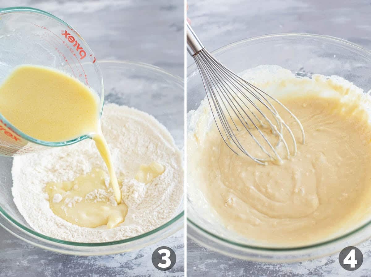 Pouring wet ingredients into dry ingredients and mixing to combine.