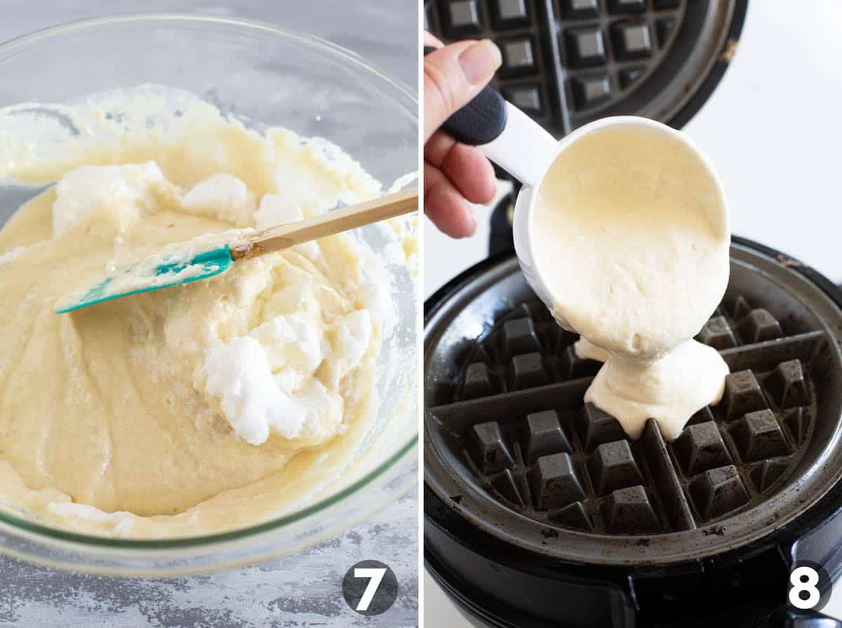 Folding egg whites into waffle batter and cooking batter in a waffle maker.