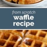 Waffle Recipe collage with text bar in the middle.