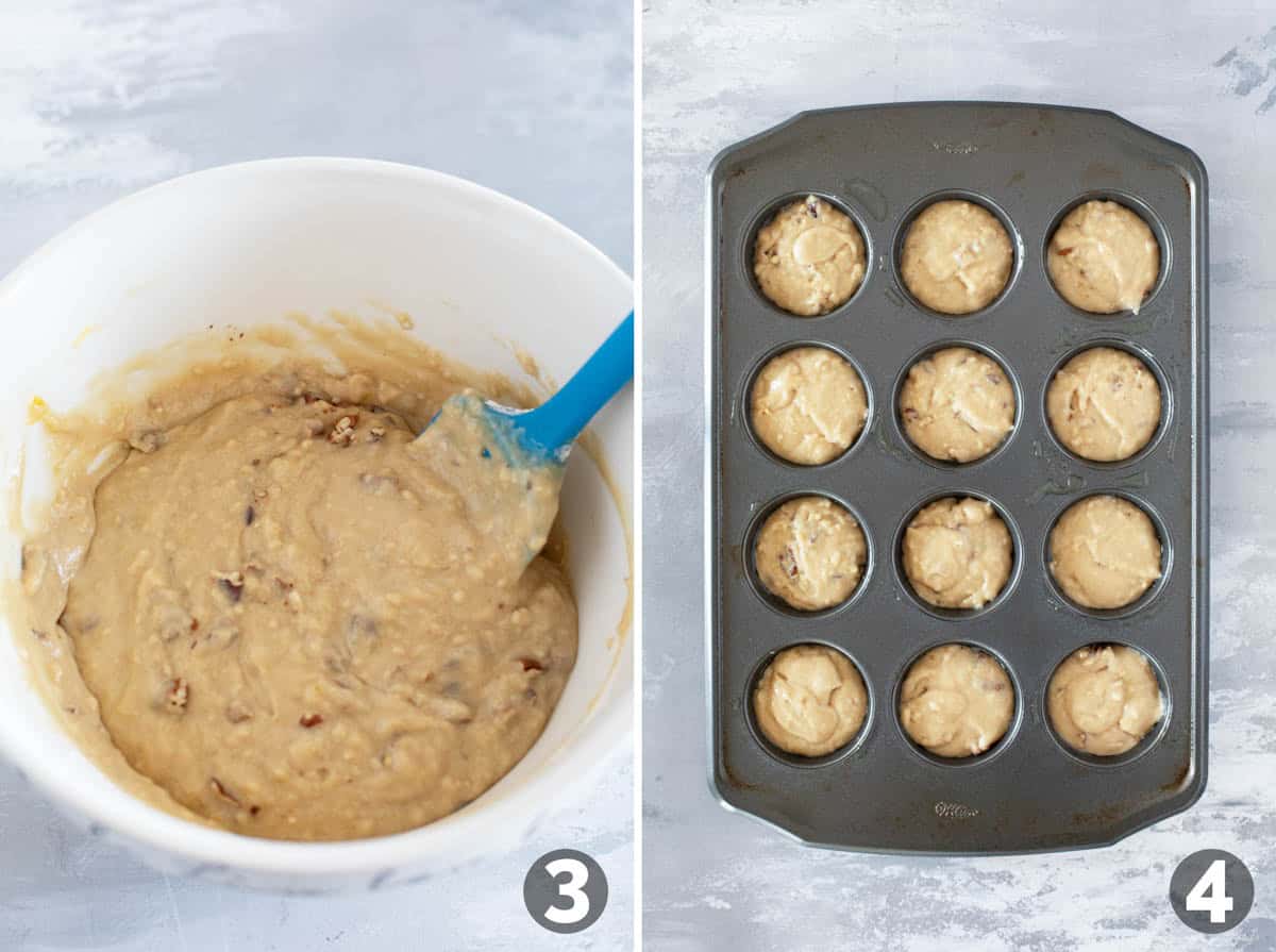 Brown sugar muffin batter in a bowl, and then added to a muffin tin.