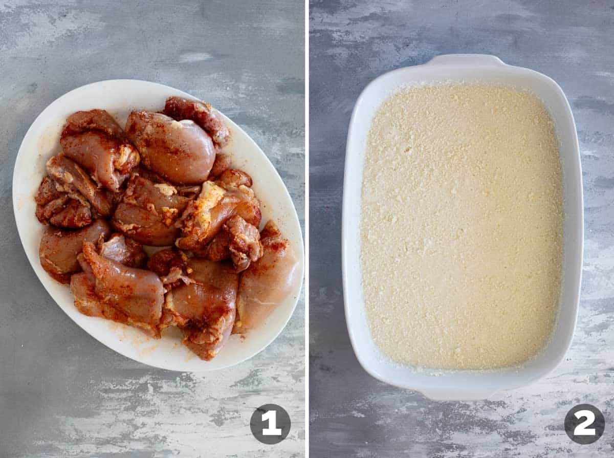 Seasoning chicken thighs, and adding orzo mixture to a casserole dish.