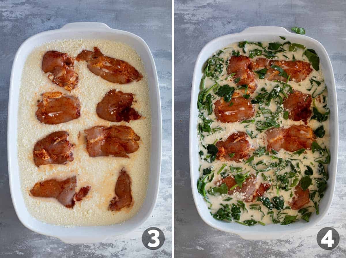 Adding chicken and spinach to orzo mixture in a casserole dish.