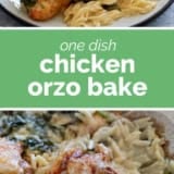 Chicken Orzo Bake collage with text bar in the middle.