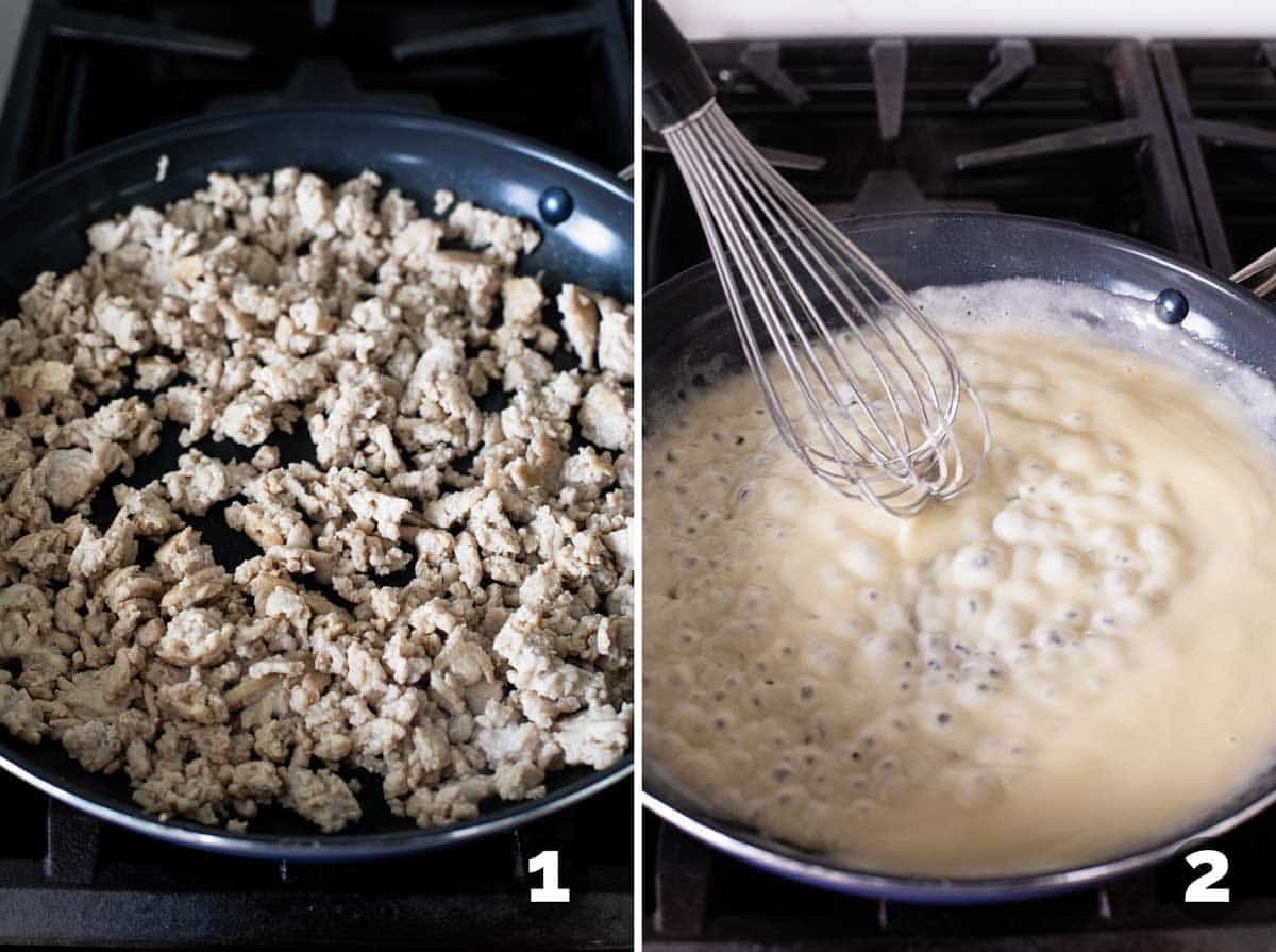 Browning ground chicken and starting creamy sauce.