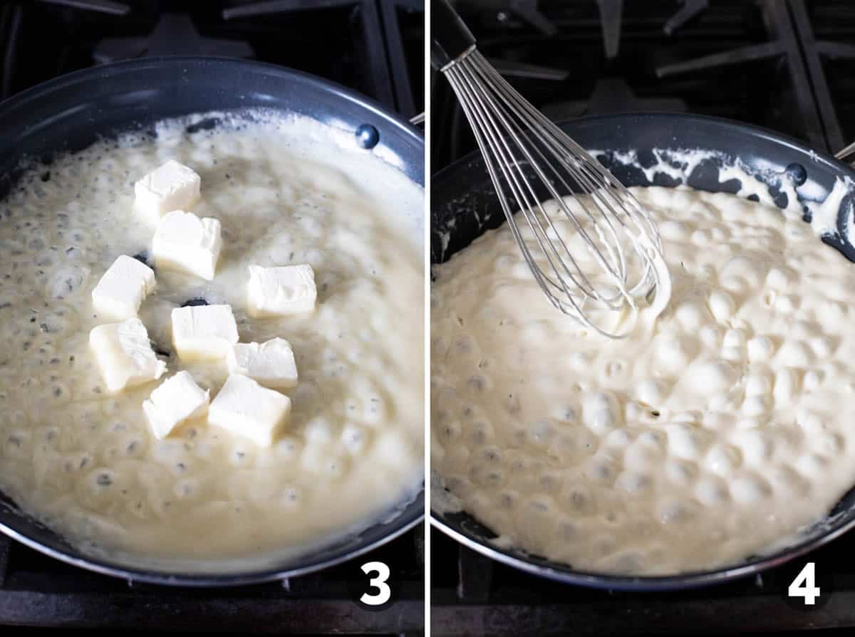 Adding cream cheese to sauce and melting until smooth.
