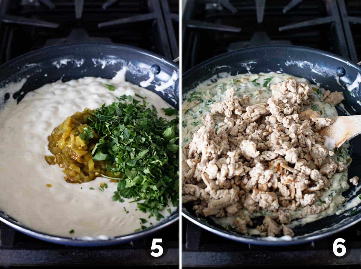 Adding green Chile, cilantro, and ground chicken to sauce for Creamy Chicken Tacos.