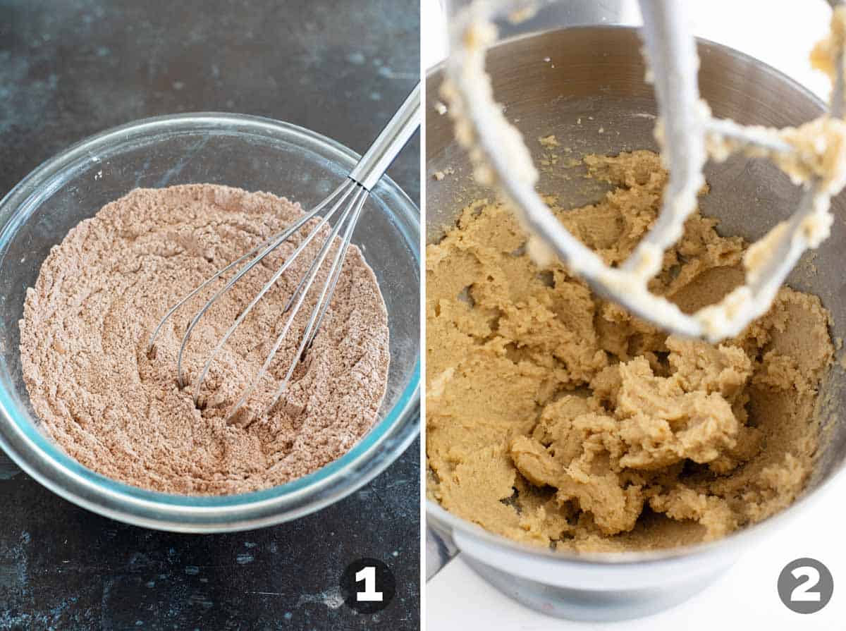 Whisking together dry ingredients, then creaming butter and sugars for double chocolate oatmeal cookies.