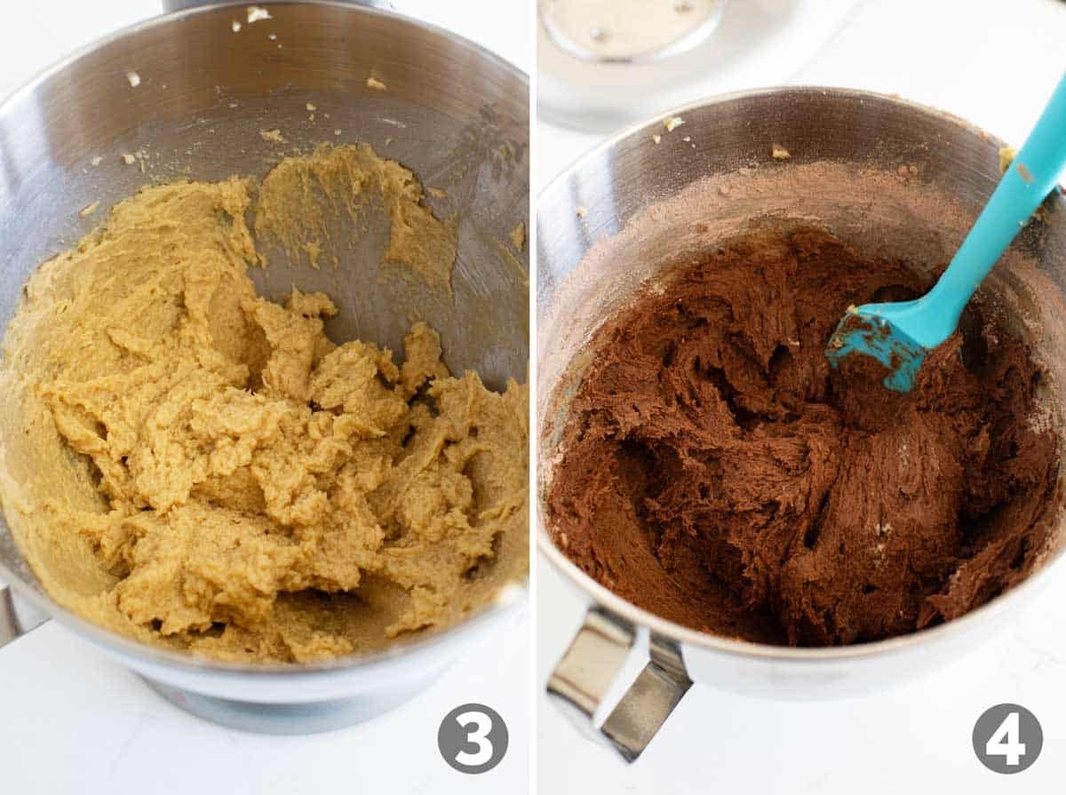 Making cookie dough for Double Chocolate Oatmeal Cookies.