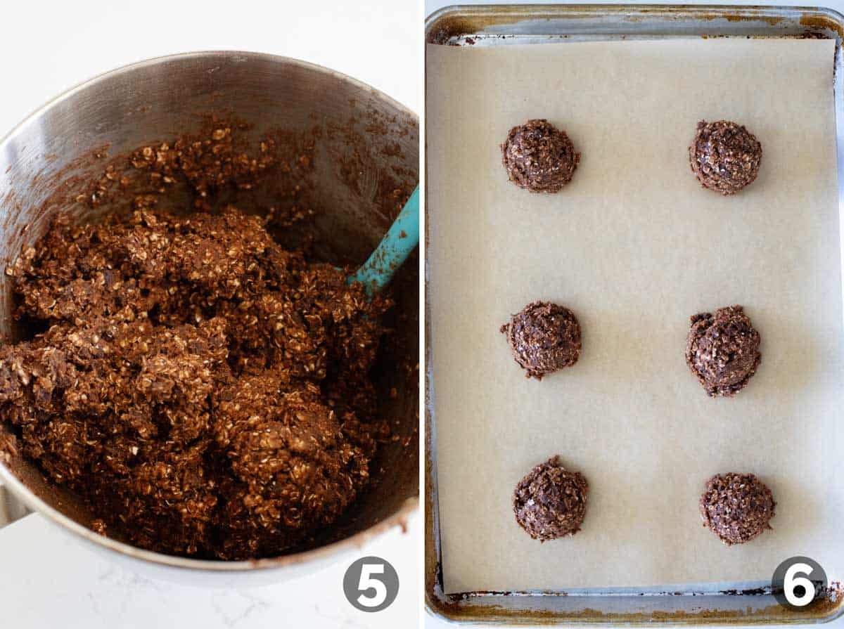 Double Chocolate Oatmeal Cookie dough in a mixer bowl, and scooped into cookies.