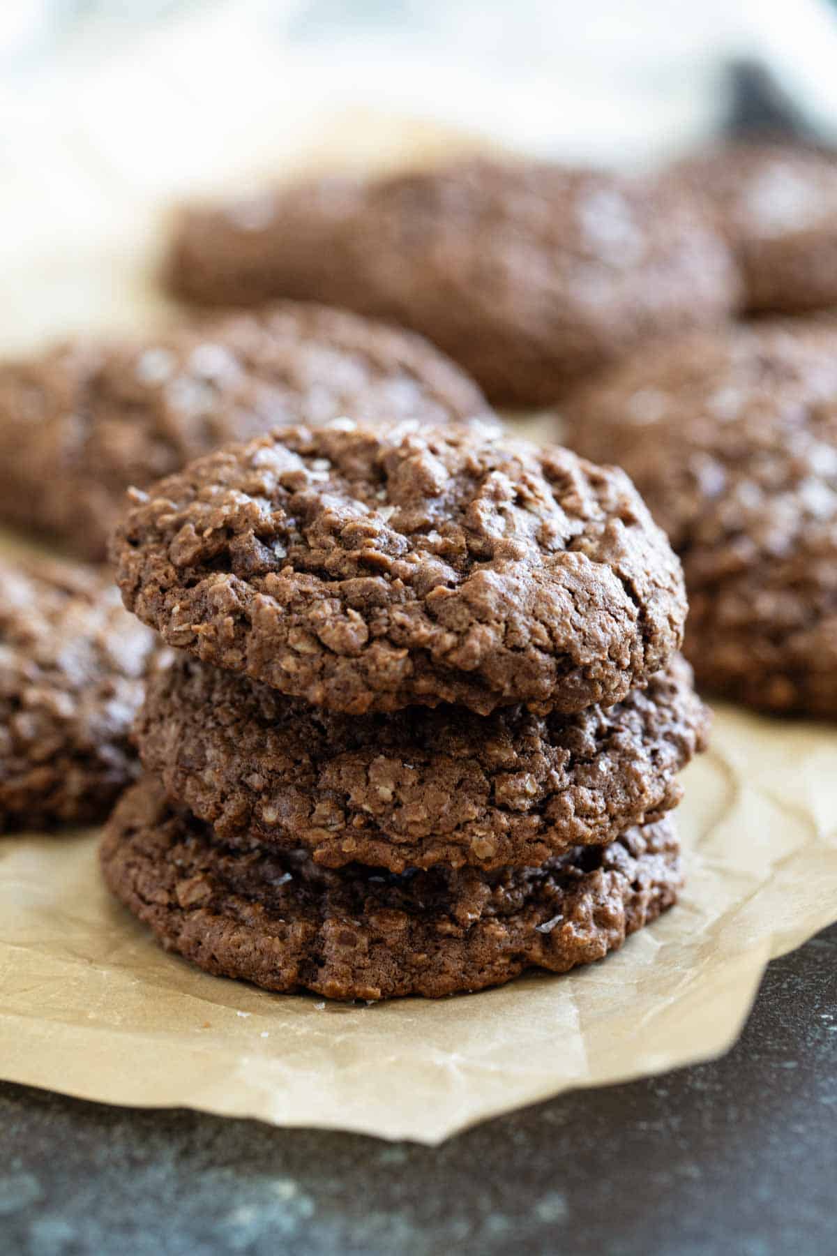 Three Double Chocolate Oatmeal Cookies stacked on top of each other.