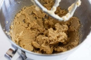 Mixing together butter and sugars for Double Chocolate Oatmeal Cookies.