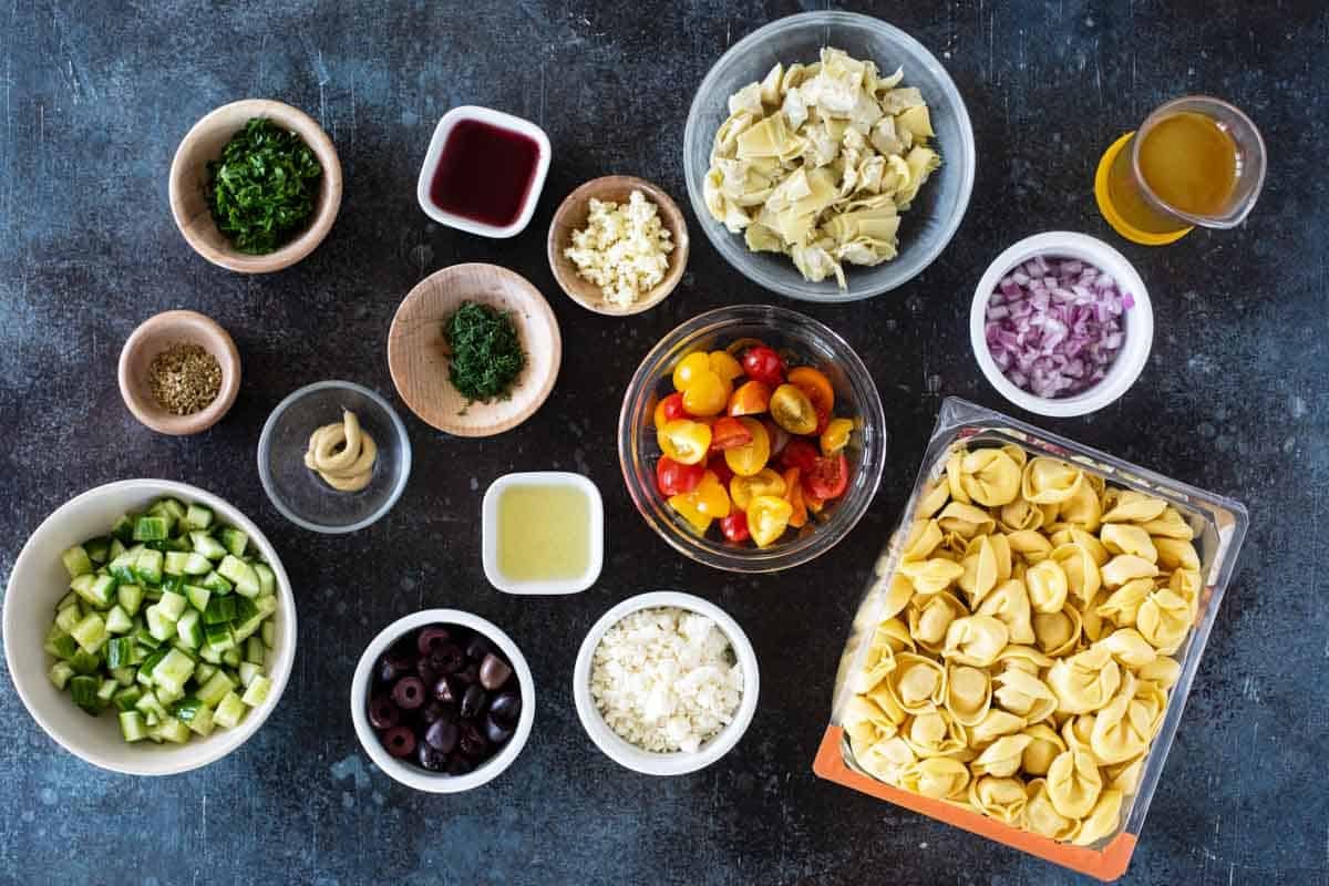 Ingredients for Greek Tortellini Pasta Salad.