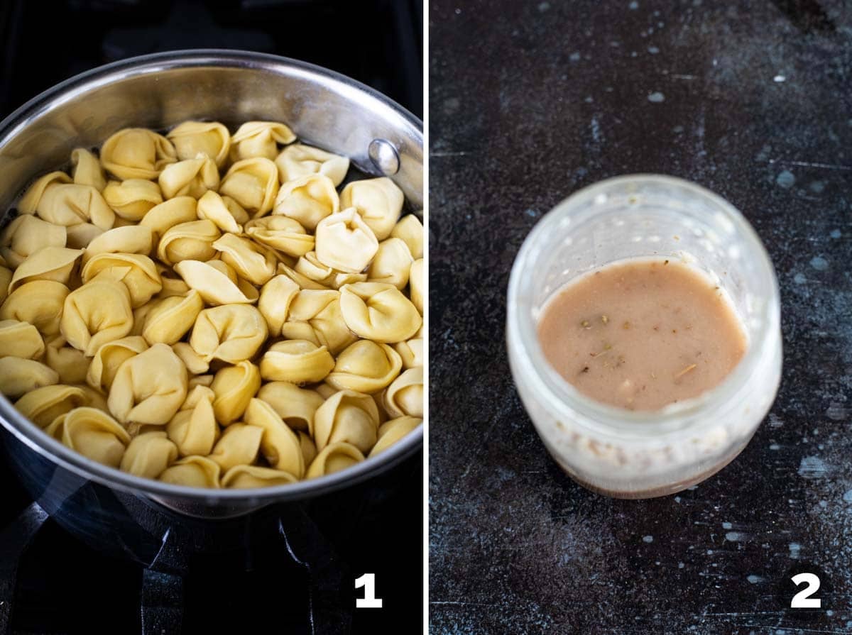 Boiling tortellini and making Greek dressing.