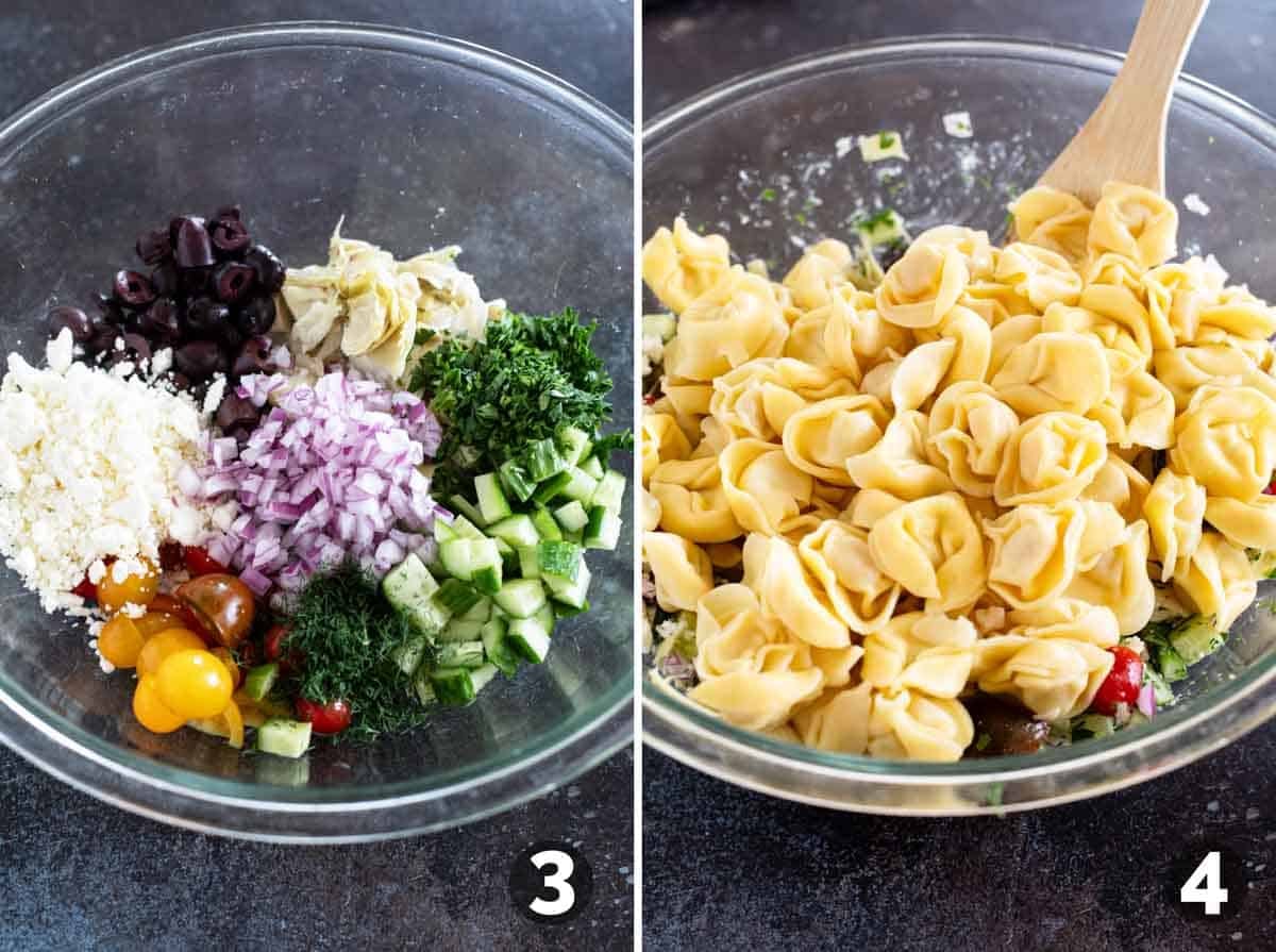 Adding ingredients together for Greek Tortellini Pasta Salad.