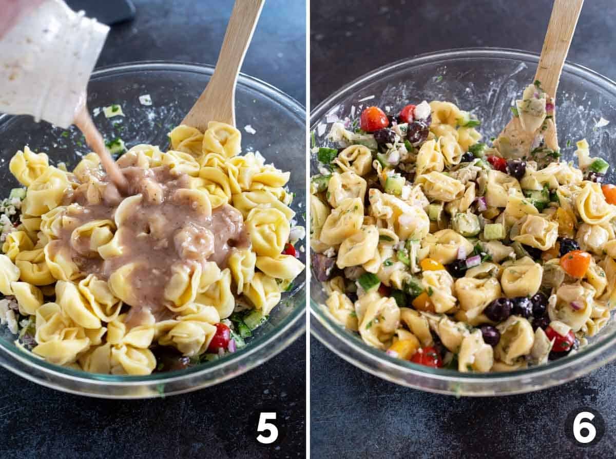 Adding dressing to Greek Tortellini Pasta Salad and stirring to mix.